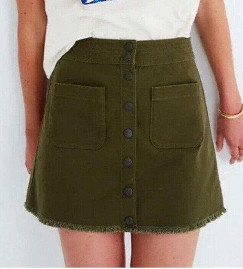 NWT MADEWELL Womens Mini Skirt Size 00 Military Green Snap Front Raw Hem A Line